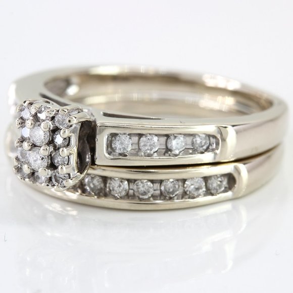 10k White Gold Diamond Cluster Wedding Ring Set - Picture 2 of 5